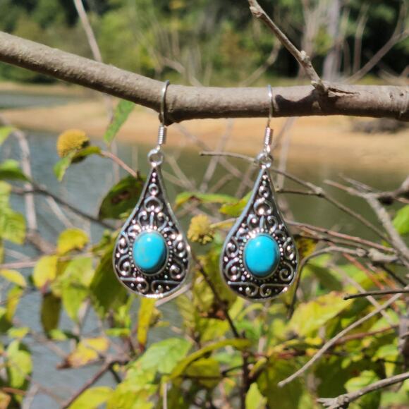 Blue Turquoise Dangle Earrings – Boho Silver Drop Jewelry for Women - Picture 7 of 14